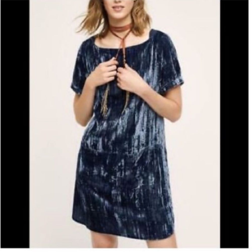 Floreat Anthropologie Women's Square Neck Short Sleeve Blue Velvet Shift Dress S